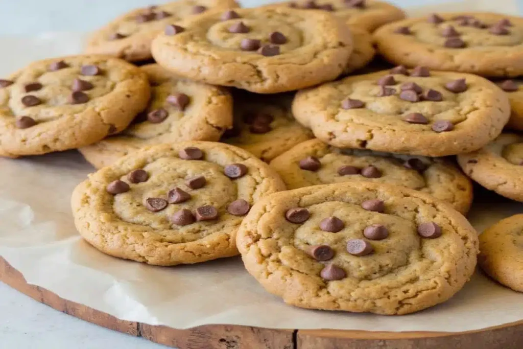 A stack of banana bread cookies on a wooden plate