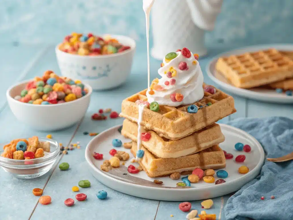 stack of three golden waffles with fruity pebbles 1