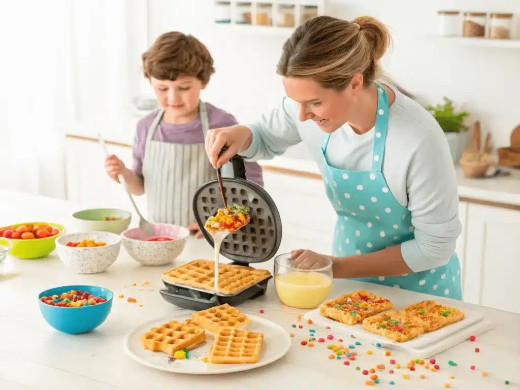 steps for making fruity pebbles waffles with kids 1