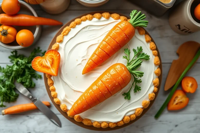 A beautifully decorated carrot cake with a variety of decorations.