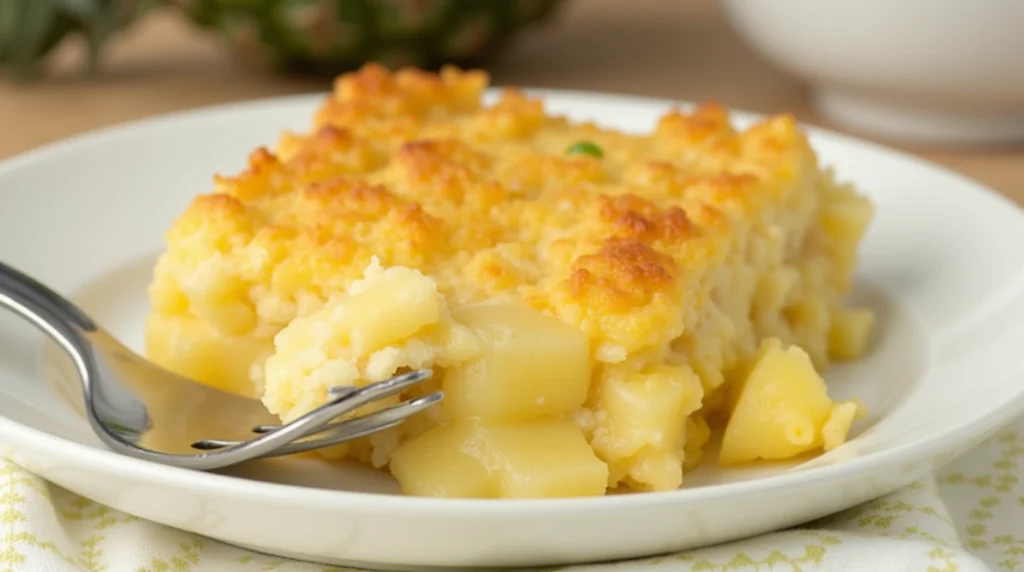 A close-up photo of a freshly made pineapple casserole.