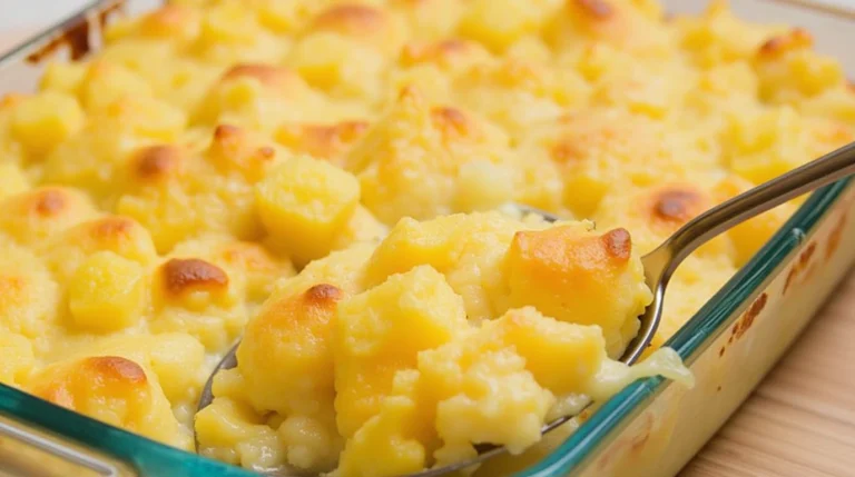 A close-up photo of a freshly made pineapple casserole.