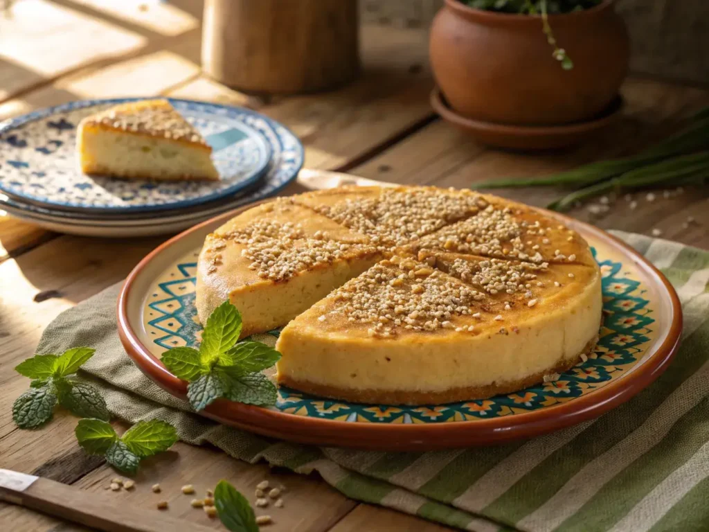 "Golden-brown Salvadoran quesadilla cake with cracked crust, topped with sesame seeds, sliced on a woven tablecloth."