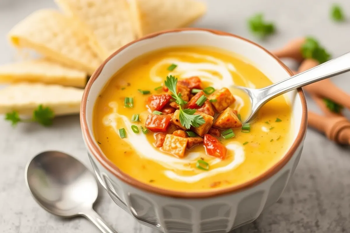 A bowl of creamy potato leek soup topped with heavy cream