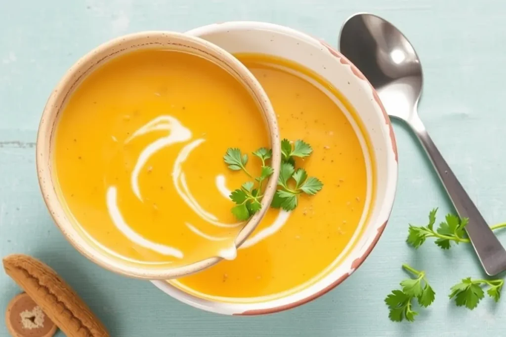 A bowl of creamy potato leek soup topped with heavy cream