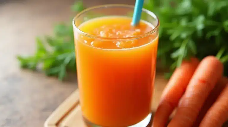 A glass of freshly made carrot juice recipe with fresh carrots nearby.