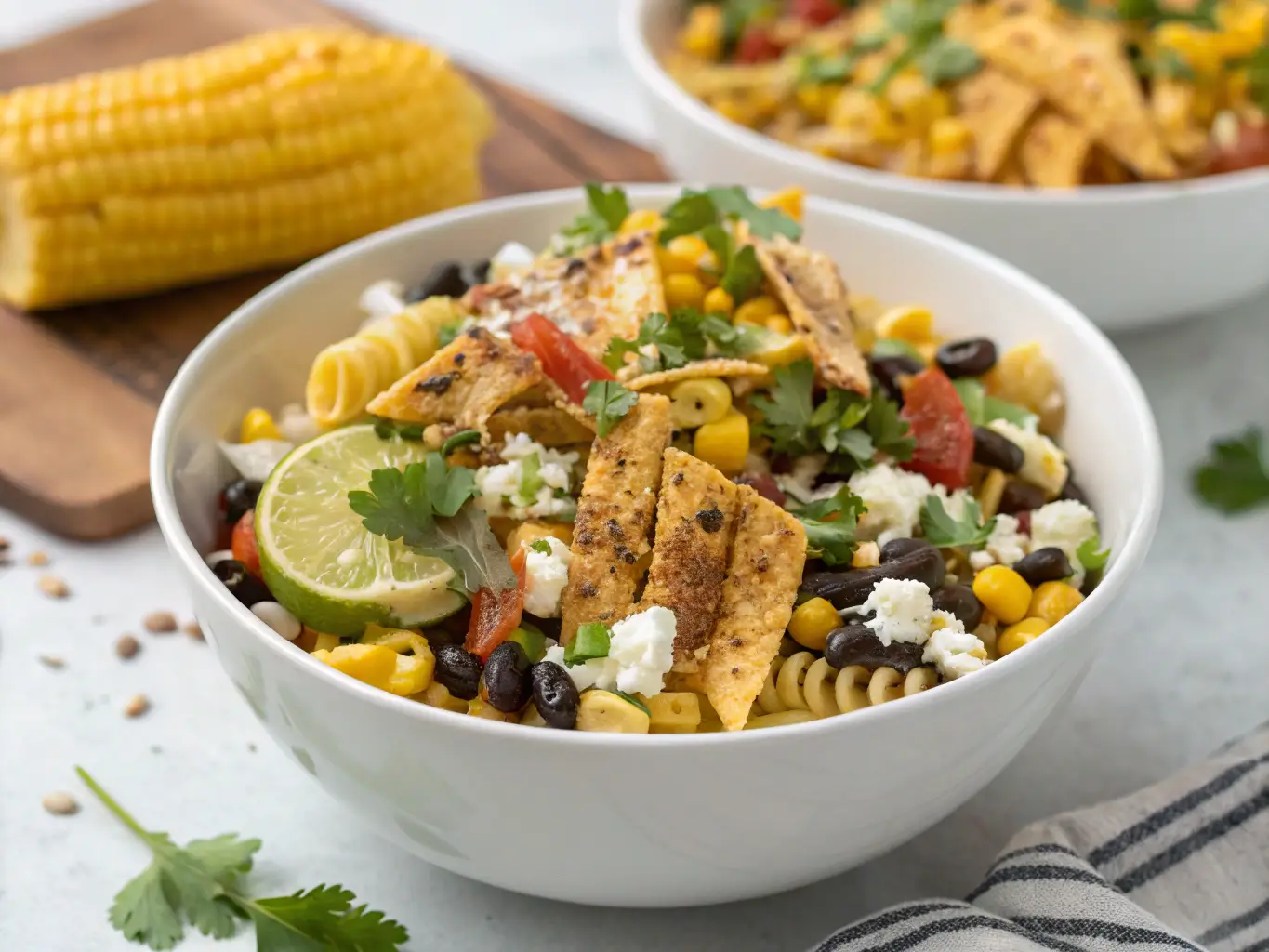 Creamy elote pasta salad with fresh corn and cotija cheese.