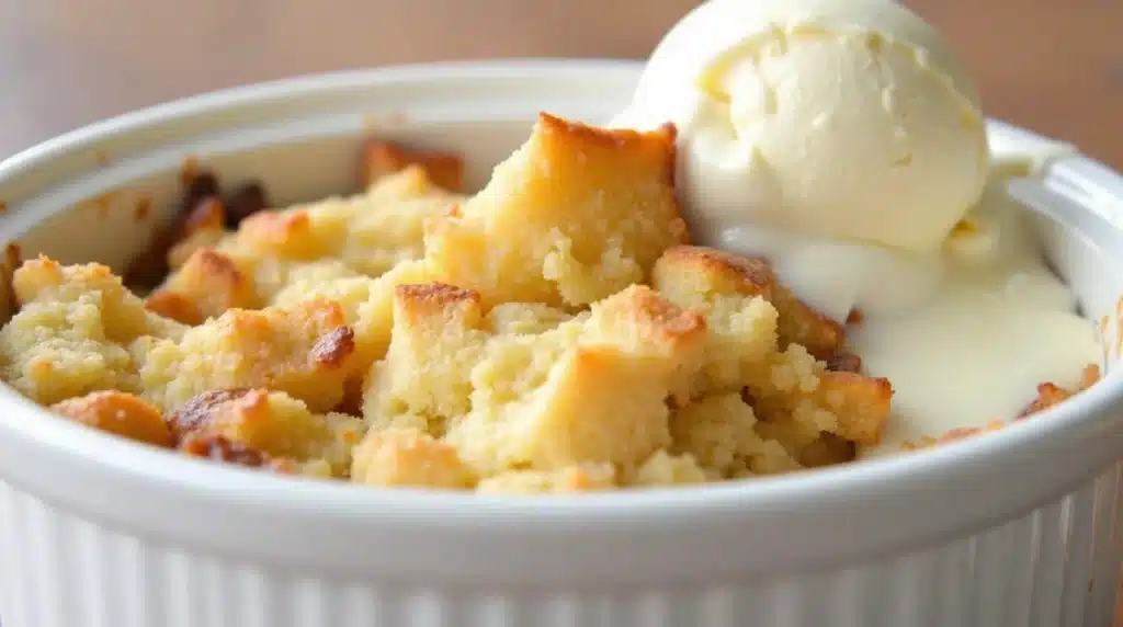 A slice of creamy white chocolate bread pudding on a plate.