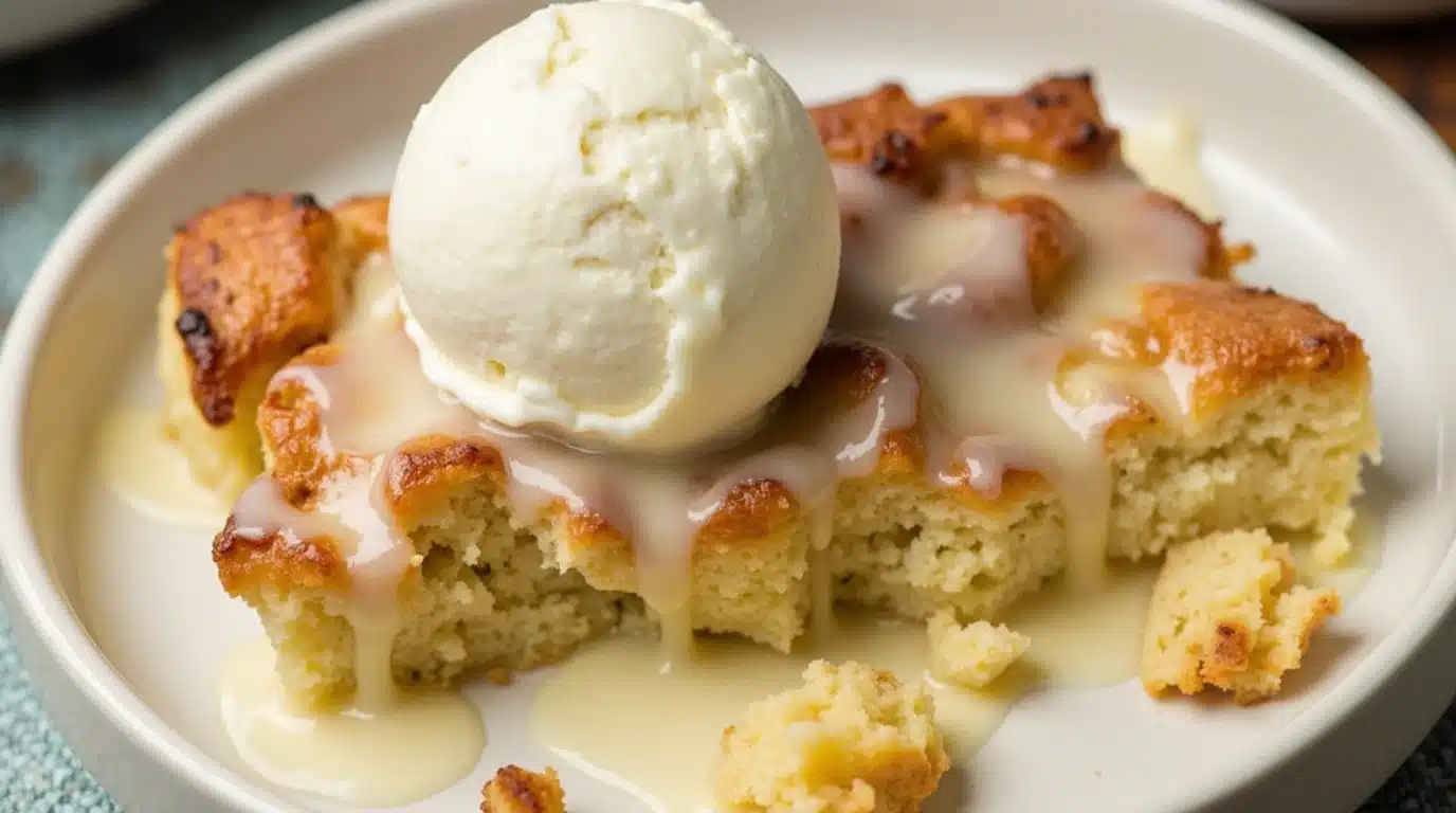 A slice of creamy white chocolate bread pudding on a plate.