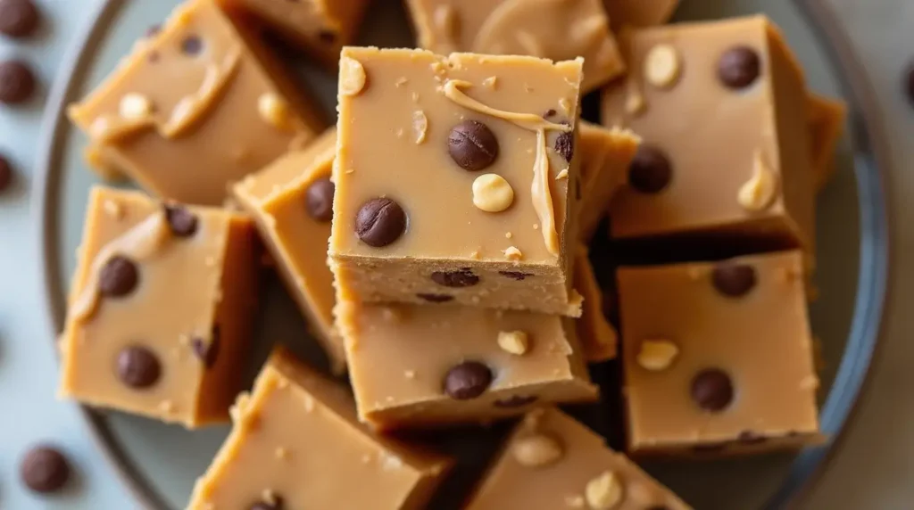 Delicious homemade 3 ingredient peanut butter fudge, ready to serve.