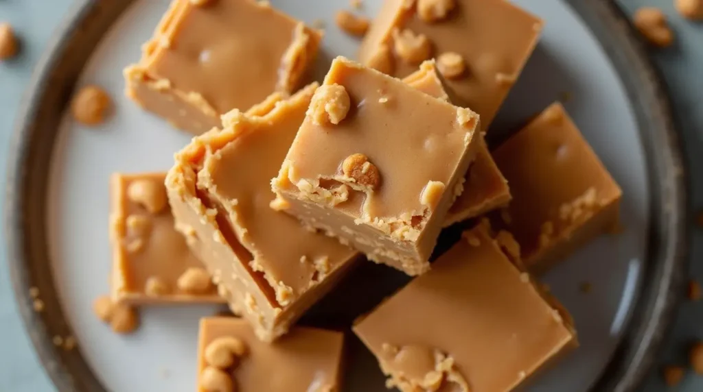 Delicious homemade 3 ingredient peanut butter fudge, ready to serve.