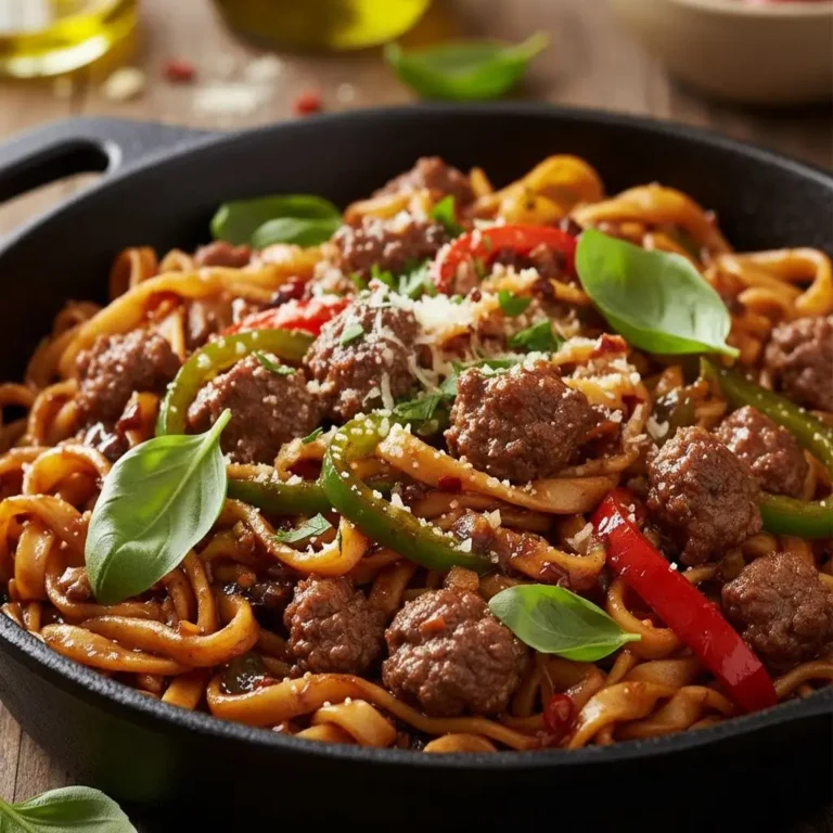 Italian drunken noodles with ground beef, closeup view.
