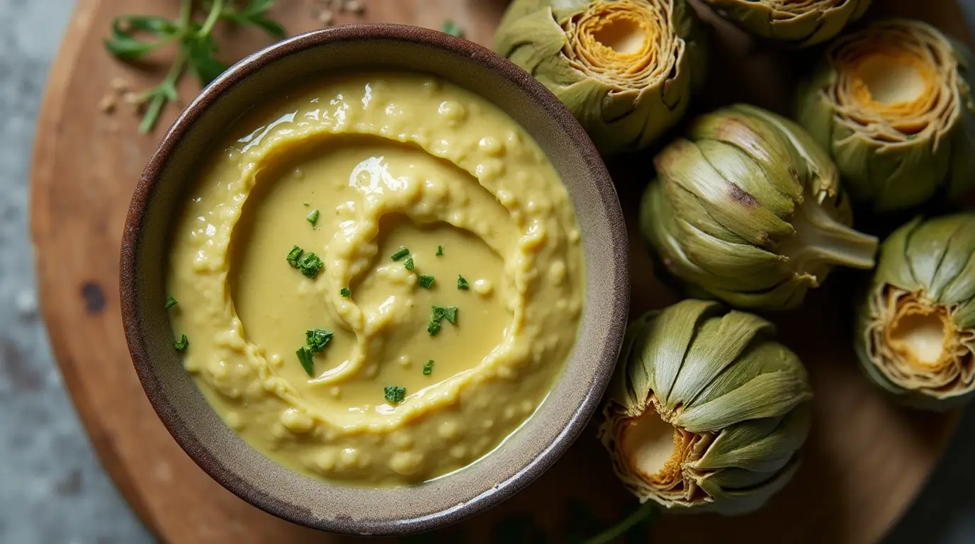 Creamy artichoke dipping sauce served with fresh artichokes.