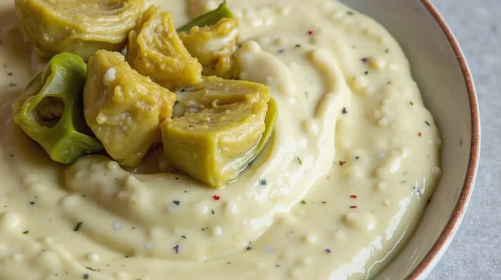 Creamy artichoke dipping sauce served with fresh artichokes.