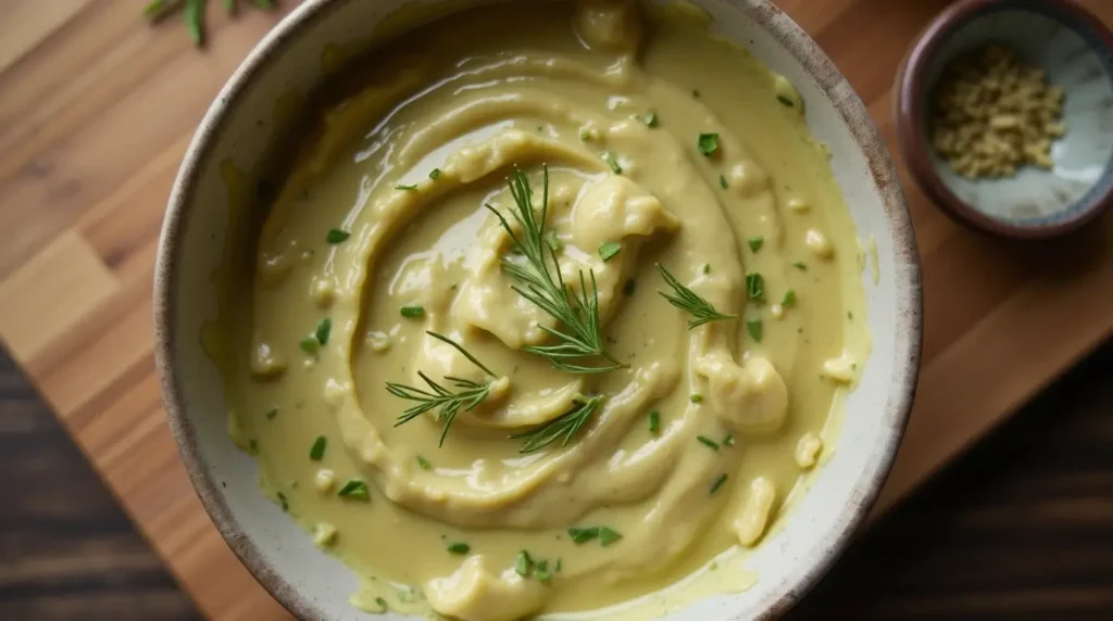 Creamy artichoke dipping sauce served with fresh artichokes.