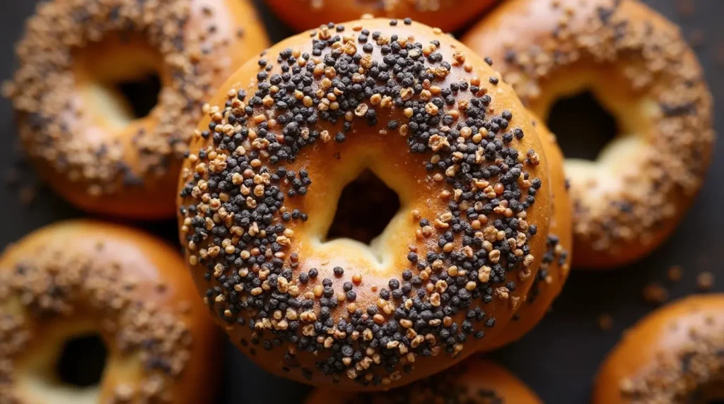 Close-up of a freshly baked dark bagel.