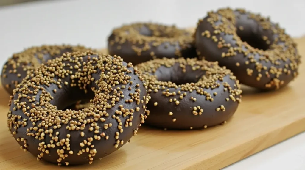 Close-up of a freshly baked dark bagel.