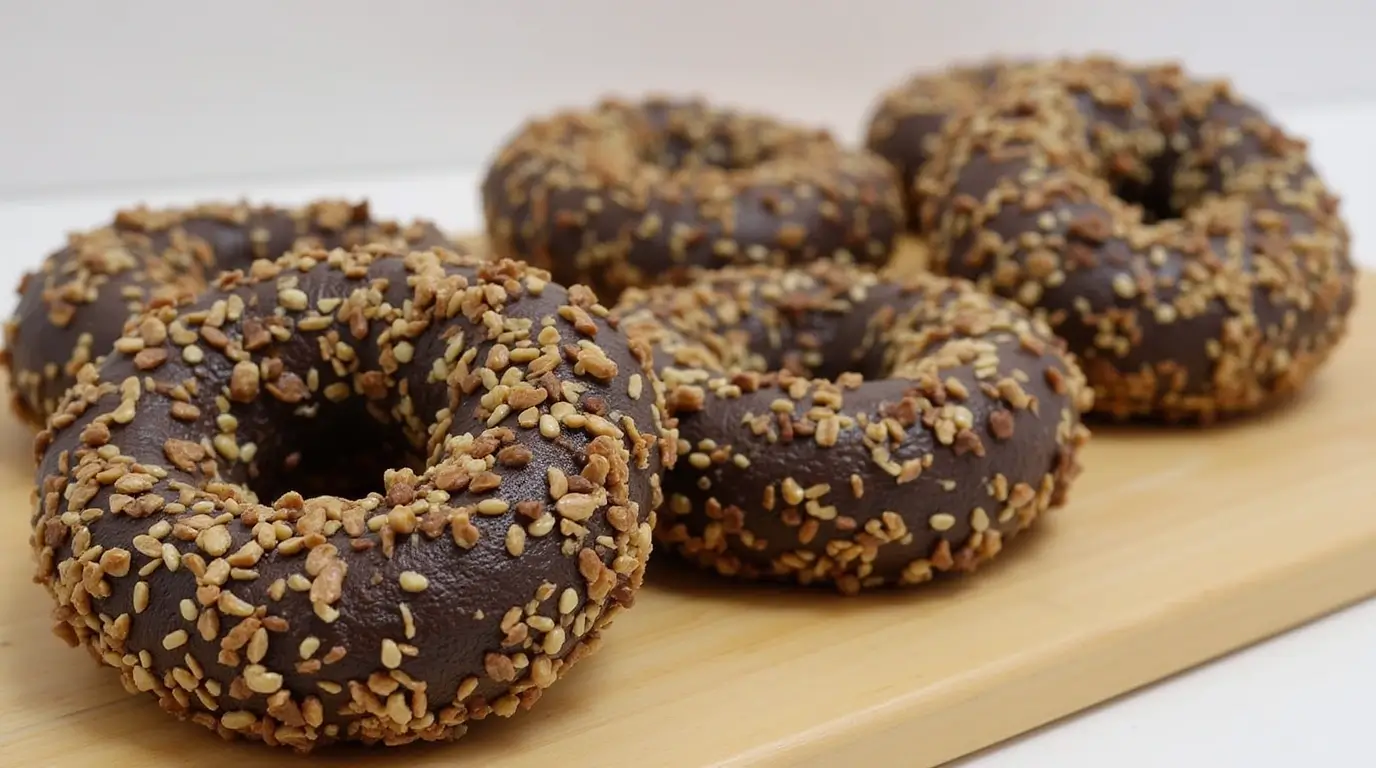 Close-up of a freshly baked dark bagel.