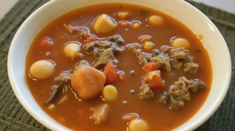 Close-up of Buona beef minestrone soup in a bowl, highlighting the ingredients.