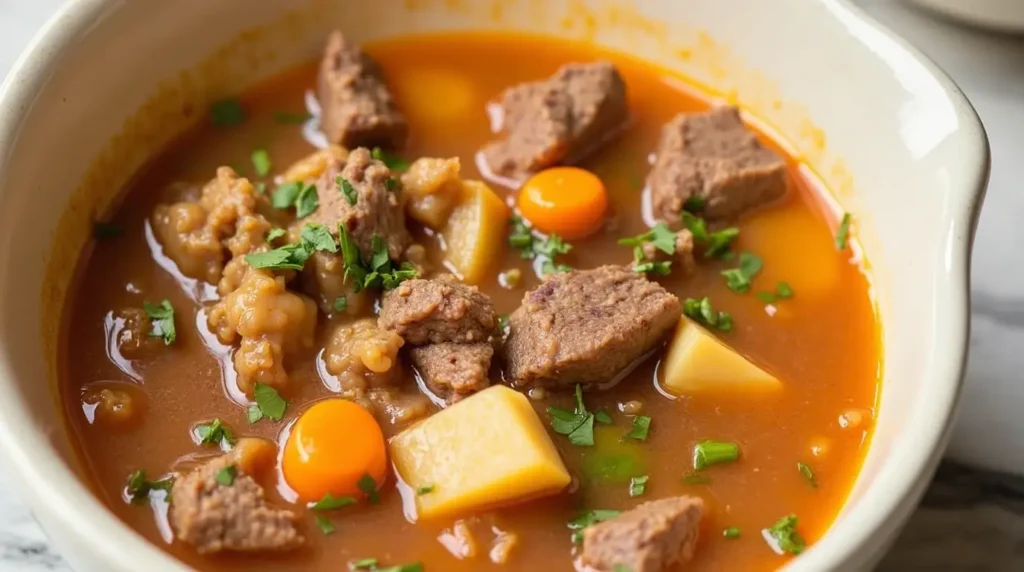 Close-up of Buona beef minestrone soup in a bowl, highlighting the ingredients.