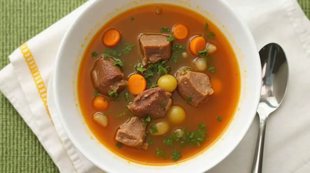 Close-up of Buona beef minestrone soup in a bowl, highlighting the ingredients.