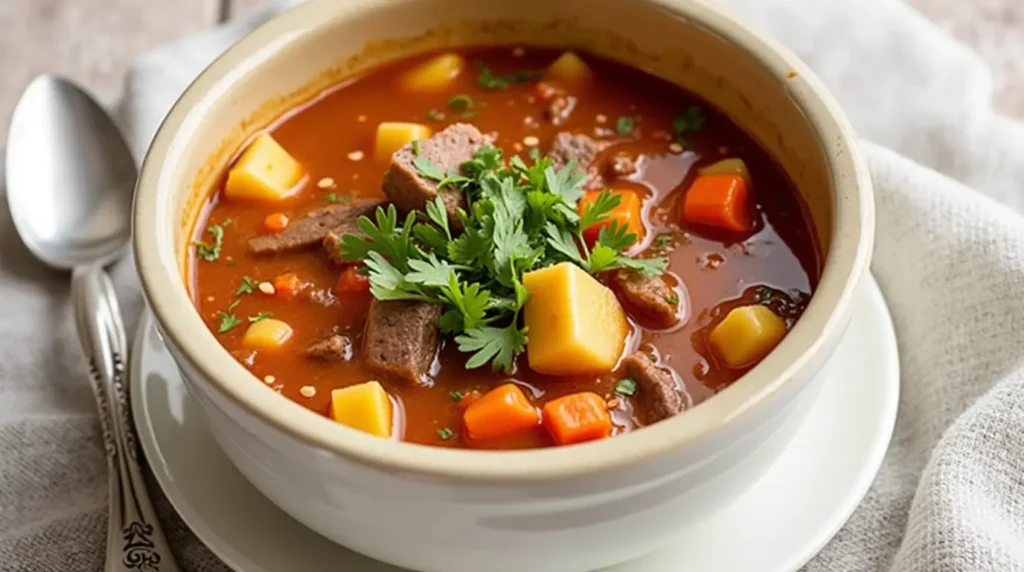 Close-up of Buona beef minestrone soup in a bowl, highlighting the ingredients.