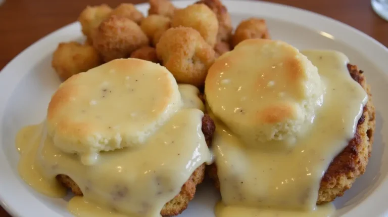 Amazing Chicken Biscuits and Gravy Recipe 5 Chicken biscuits and gravy on a plate, viewed from above.