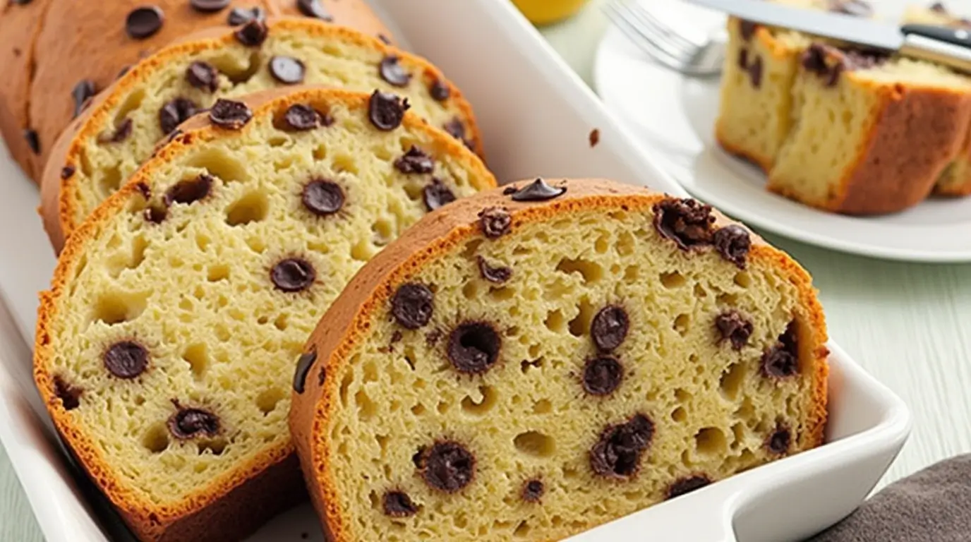 Delicious braided chocolate chip brioche loaf, freshly baked.