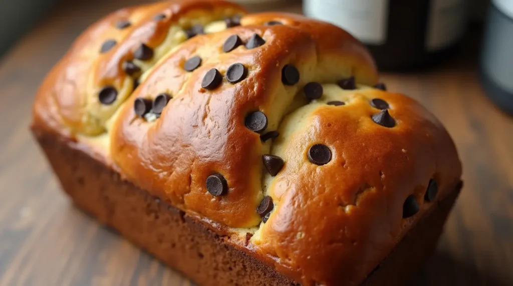 Delicious braided chocolate chip brioche loaf, freshly baked.