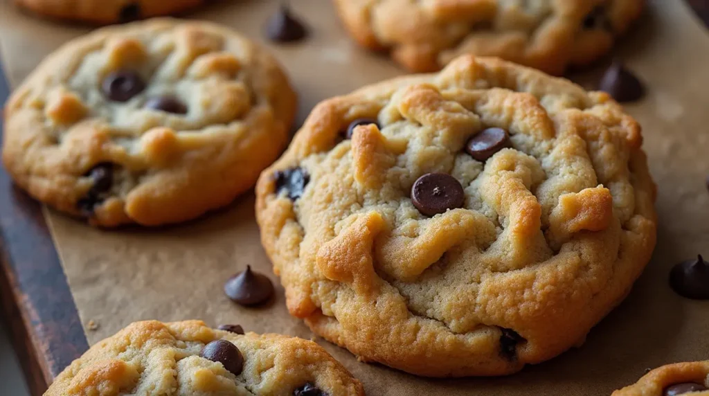 Delicious chocolate chip cookies, made without brown sugar, freshly baked.