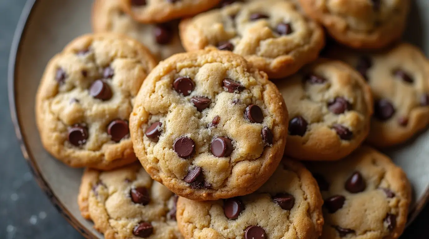 Delicious chocolate chip cookies, made without brown sugar, freshly baked.