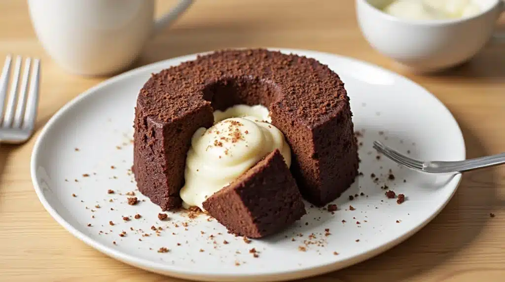 Chocolate Gâteau with Crème Anglaise plated beautifully.