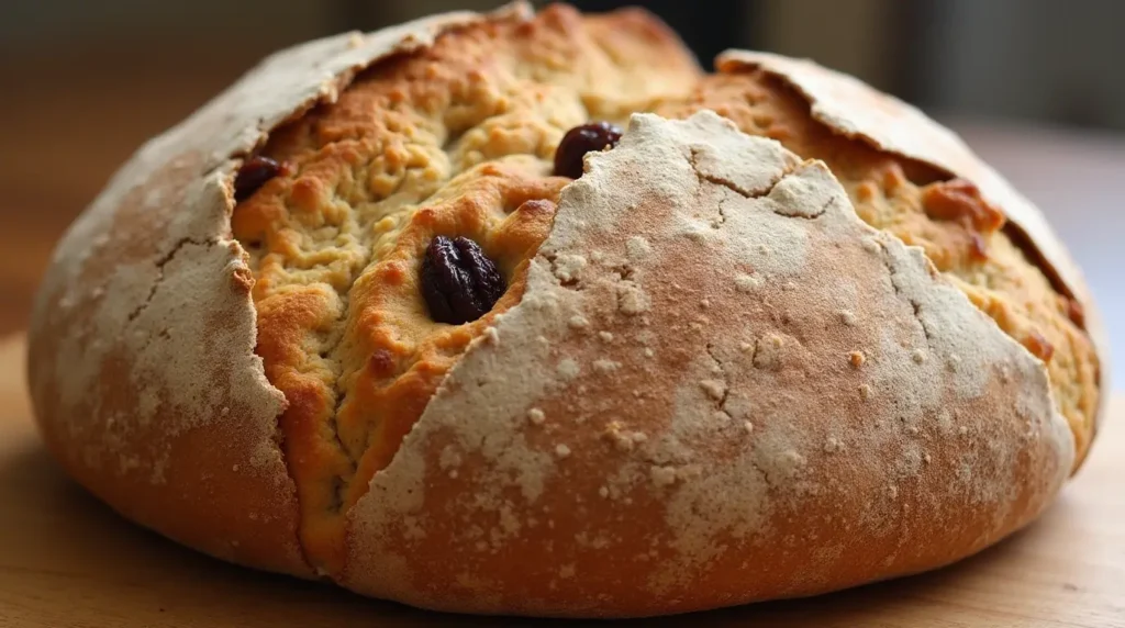 Freshly baked cinnamon raisin sourdough bread with a golden crust and visible raisins.