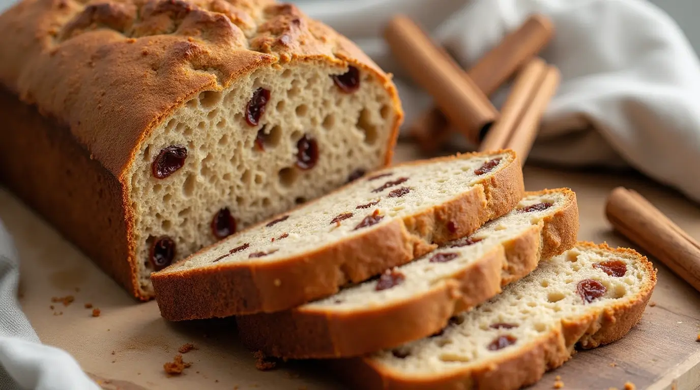 Freshly baked cinnamon raisin sourdough bread with a golden crust and visible raisins.