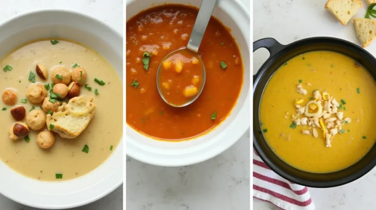 Crockpot soup recipes being cooked in a slow cooker.