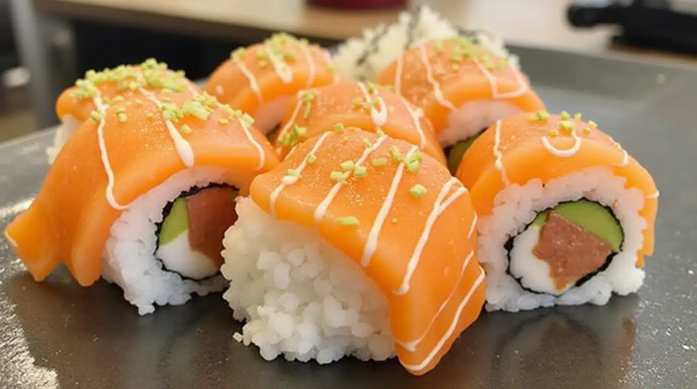 Fresh sushi order topped with salmon.