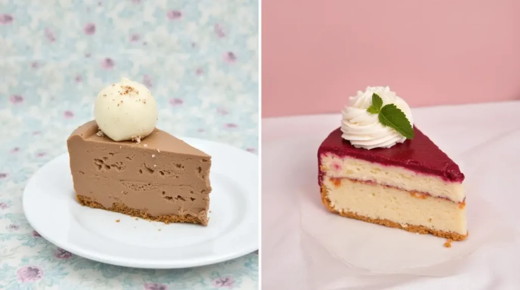 A top-down view of a slice of gelato cake next to a cup of gelato.