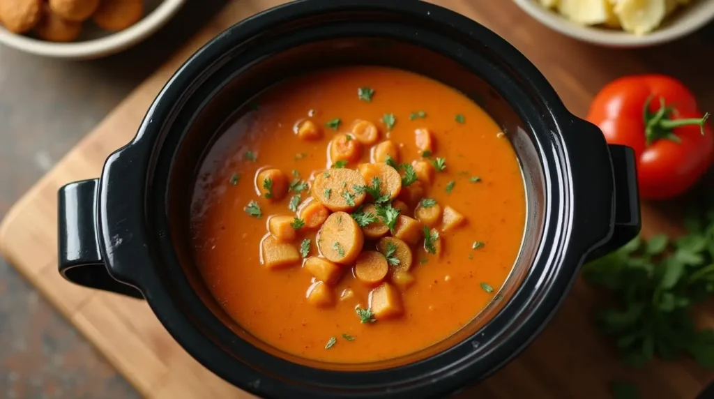 Crockpot soup recipes being cooked in a slow cooker.