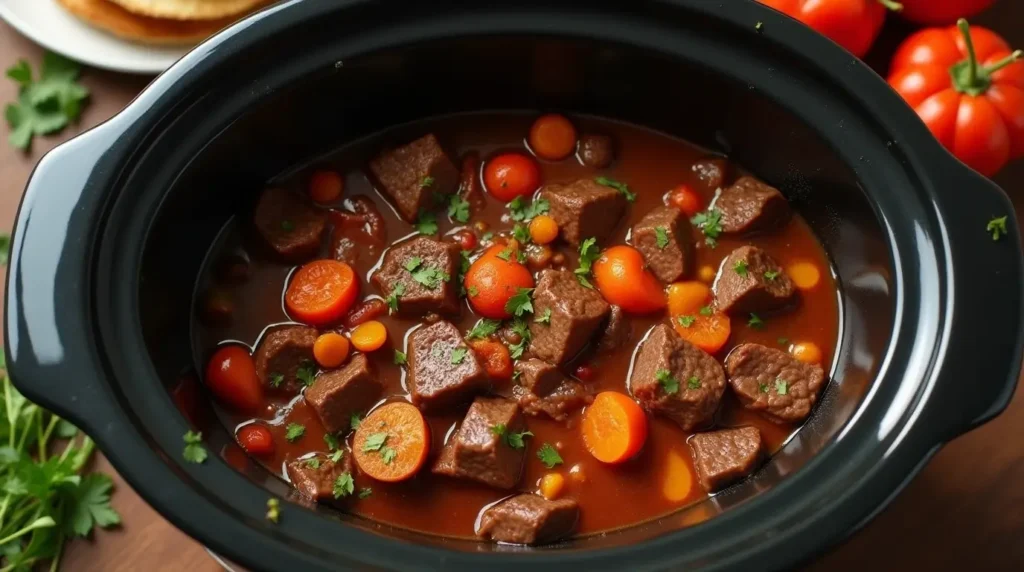 Crockpot soup recipes being cooked in a slow cooker.