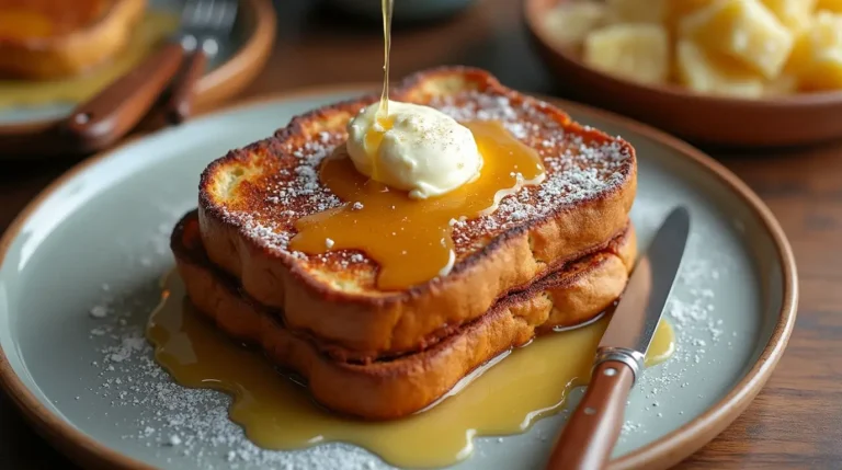 Dairy-free French toast, closeup with toppings.