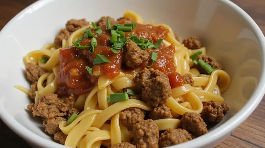 Italian drunken noodles with ground beef, closeup view.