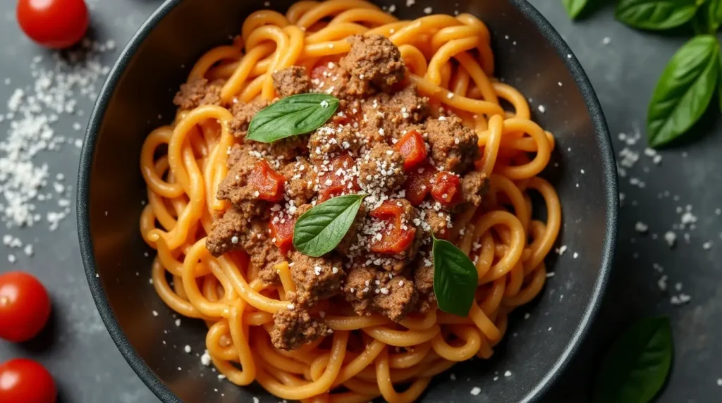 Italian drunken noodles with ground beef, closeup view.