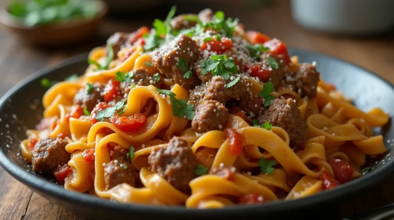 Italian drunken noodles with ground beef, closeup view.