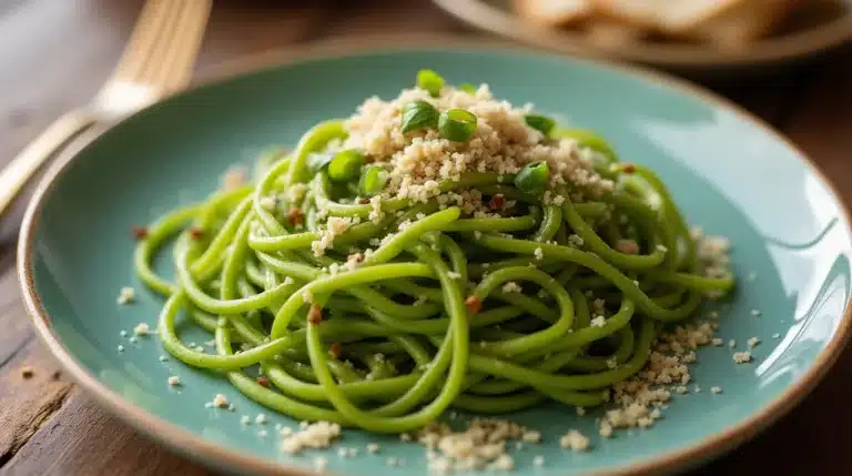 Mexican green spaghetti served in a bowl, garnished with cilantro.