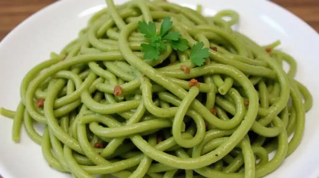 Mexican green spaghetti served in a bowl, garnished with cilantro.