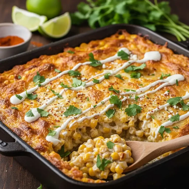 Mexican Street Corn Casserole: A Flavorful Delight 3 Creamy Mexican street corn casserole baked in a dish.