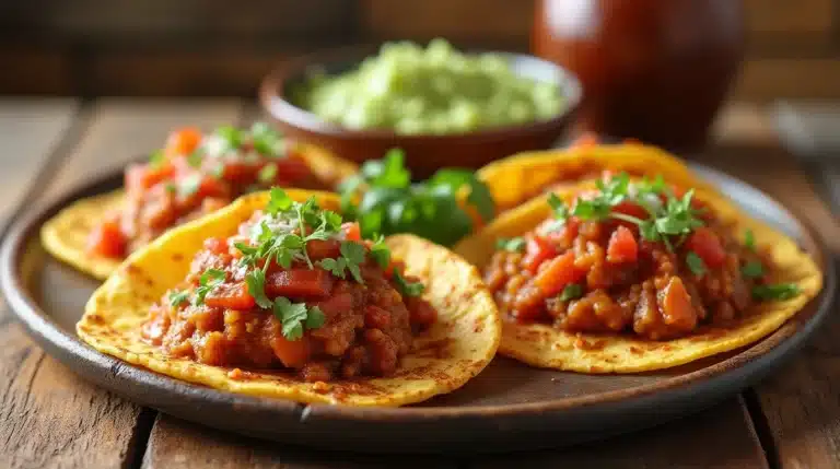 A colorful spread of Mexican recipes including tacos, salsa, and guacamole.