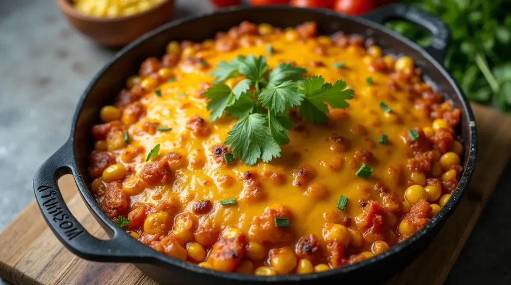 Close-up of creamy Mexican street corn casserole