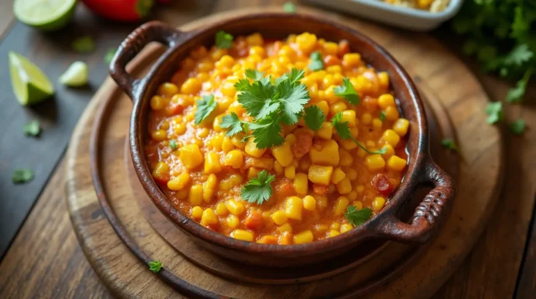 Creamy Mexican street corn casserole baked in a dish.