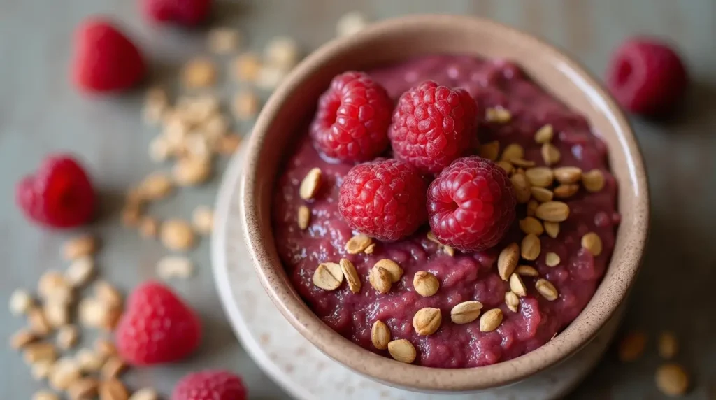 Delicious muesli with raspberries in a bowl